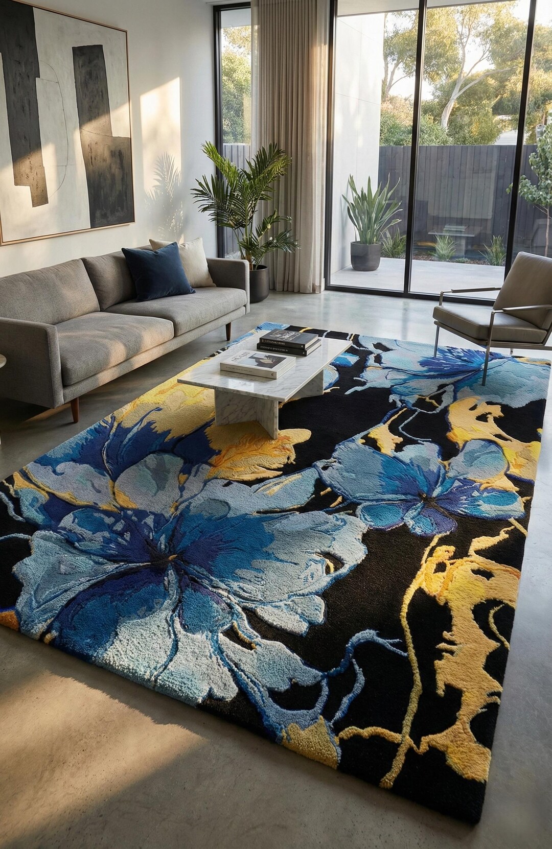 Hand-tufted Wool Floral Area Rug, Modern Blue, Black & Ivory - Etsy