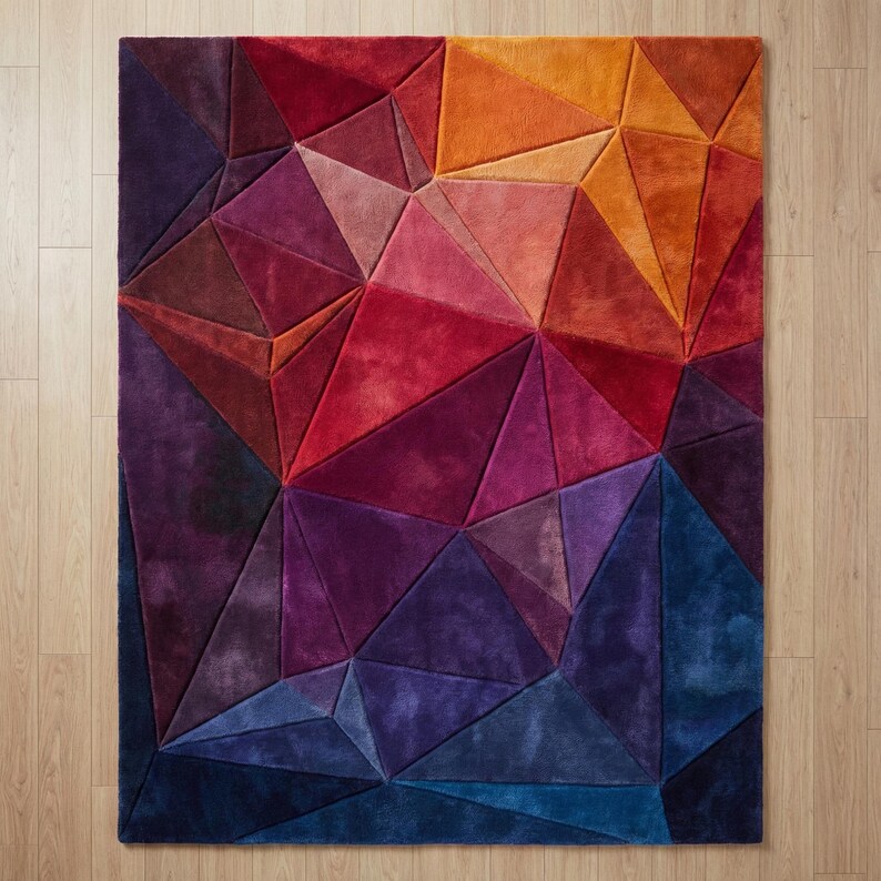 K&ouml;nnte beinhalten: Ein rechteckiger Teppich mit geometrischem Design. Der Teppich weist ein Muster aus miteinander verbundenen Dreiecken in Rot-, Orange-, Lila- und Blaut&ouml;nen auf. Der Teppich liegt auf einem hellen Holzboden.
