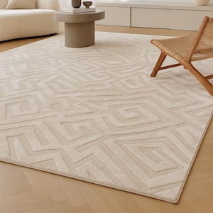 Modern Neutral Area Rug – Textured Beige Maze Pattern Rug, Minimalist Cream Geometric Carpet, Hand-Tufted Carpet with 100% New Zealand wool