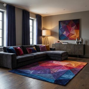 K&ouml;nnte beinhalten: Ein modernes Wohnzimmer mit einem gro&szlig;en, dunkelgrauen Ecksofa und bunten Kissen. Ein geometrischer Teppich in Blau-, Lila-, Rot- und Oranget&ouml;nen bedeckt den Boden. Ein gro&szlig;es abstraktes Gem&auml;lde h&auml;ngt an der Wand.