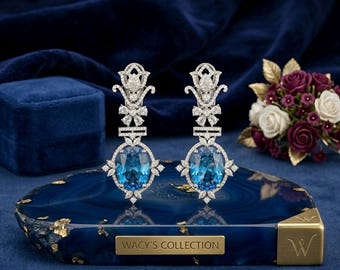 Blue Topaz Teardrop Earrings, Victorian Style Silver Dangle, Wedding Bridal Jewelry