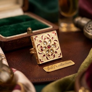 Square Kundan Enamel Statement Ring | Red & Gold Meenakari, Adjustable Shank