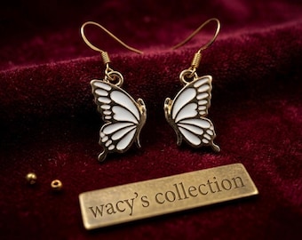 Pendientes colgantes de mariposa blanca esmaltada hechos a mano, joyería natural chapada en oro