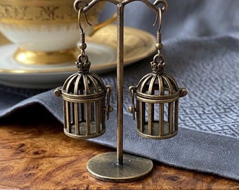 Vintage Bronze Birdcage Earrings, Victorian Style Dangle Earrings, Antique Gold Cage Jewelry, Unique