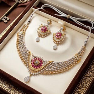 May include: A gold-toned necklace and matching earrings set, presented in a decorative box. The jewelry features a central ruby-colored floral design, surrounded by clear gemstones. The necklace and earrings have a detailed, ornate design.