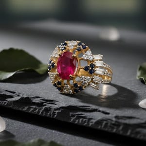 May include: A gold ring featuring a large oval ruby center stone, surrounded by smaller diamonds, sapphires, and baguette-cut diamonds. The ring has an ornate design and is set against a dark background, showcasing the jewelry's intricate details.