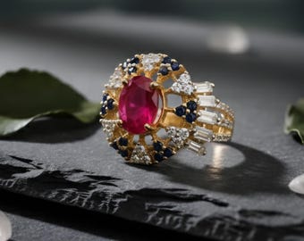 Könnte beinhalten: Ein goldener Ring mit einem großen ovalen Rubin-Mittelstein, umgeben von kleineren Diamanten, Saphiren und Baguette-Diamanten. Der Ring hat ein verziertes Design und ist vor einem dunklen Hintergrund platziert, der die komplizierten Details des Schmucks hervorhebt.