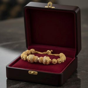 May include: A gold bracelet with textured, spherical beads rests inside a dark wooden jewelry box with a burgundy velvet lining. The box is open, revealing the bracelet's intricate design and the clasp.