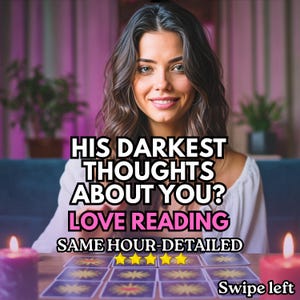 May include: A woman smiles in front of a table with tarot cards and lit candles. Text on the image reads "HIS DARKEST THOUGHTS ABOUT YOU? LOVE READING SAME HOUR-DETAILED". The image has a purple and teal background.