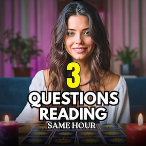 May include: A woman smiles in front of a table with tarot cards and lit candles. The image has text that reads "3 QUESTIONS READING SAME HOUR". The woman is wearing a white top and a necklace.