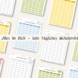 Könnte beinhalten: Eine Sammlung farbenfroher Windelwechsel-Protokollblätter. Jedes Blatt hat ein Rasterlayout mit den Wörtern "WICKELPROTOKOLL" und "Alles im Blick - Dein tägliches Wickelprotokoll". Die Blätter sind in verschiedenen Pastellfarben.
