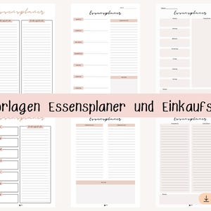 Op de afbeelding: Een verzameling van zes afdrukbare maaltijdplanners en boodschappenlijstjes. De pagina's zijn in een zacht, neutraal kleurenpalet met een minimalistisch ontwerp. De tekst "6 Vorlagen Essensplaner und Einkaufsliste" staat in een roze banner.