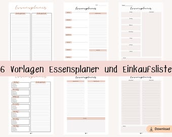 Op de afbeelding: Een verzameling van zes afdrukbare maaltijdplanners en boodschappenlijstjes. De pagina's zijn in een zacht, neutraal kleurenpalet met een minimalistisch ontwerp. De tekst "6 Vorlagen Essensplaner und Einkaufsliste" staat in een roze banner.