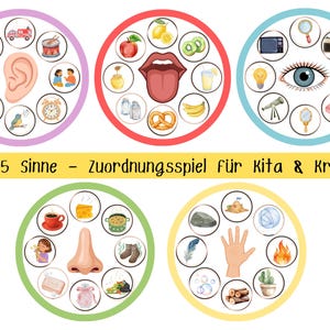 Könnte beinhalten: Ein pädagogisches Zuordnungsspiel mit fünf kreisförmigen Diagrammen, die die Sinne Gehör, Geschmack, Sehen, Riechen und Tastsinn darstellen. Jedes Diagramm zeigt ein zentrales Körperteil, umgeben von kleinen Illustrationen zugehöriger Objekte sowie den Text Die 5 Sinne - Zuordnungsspiel für Kita & Krippe.