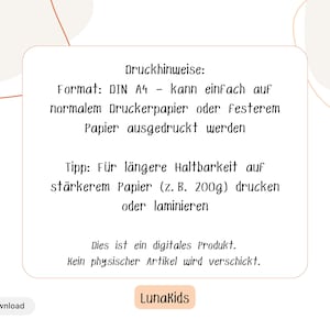 May include: A digital product information sheet with instructions in German. The text is in a white rectangular box with rounded corners, set against a light beige background. The sheet includes printing instructions and the LunaKids logo.