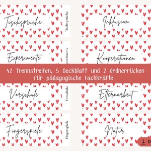 May include: A collection of labels with a white backdrop and a pattern of red hearts. Each label features a different German word in a handwritten style. A red banner reads "42 dividers, 5 covers and 2 binder spines for pedagogical specialists."