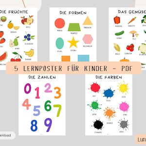 Puede incluir: Cinco carteles educativos para niños, con frutas, formas, verduras, números y colores. Cada cartel tiene ilustraciones coloridas y texto en alemán. Los carteles están diseñados para el aprendizaje y están disponibles como descarga en PDF.