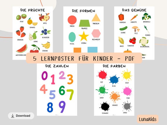 Lernposter SET für Kinder – Farben, Formen, Buchstaben, Obst UND Gemüse – Kita & Zuhause – PDF zum Ausdrucken