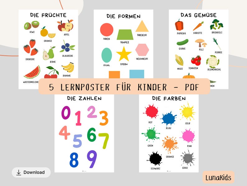 May include: Five educational posters for children, featuring fruits, shapes, vegetables, numbers, and colors. Each poster has colorful illustrations and German text. The posters are designed for learning and are available as a PDF download.