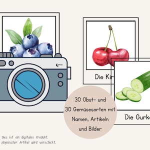 Könnte beinhalten: Digitales Produkt mit einer Aquarellillustration einer Kamera mit Blaubeeren, Kirschen und einer Gurke. Der Text enthält "30 Obst- und 30 Gemüsesorten mit Namen, Artikeln und Bildern". Der Text besagt auch "Dies ist ein digitales Produkt. Es wird kein physischer Artikel versendet."