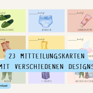 May include: A collection of 23 illustrated cards with various designs. The cards feature watercolor illustrations of baby items like slippers, diapers, sunscreen, socks, boots, tissues, pants, t-shirts, and clothing. The text "23 Mitteilungskarten mit verschiedenen Designs" is displayed.