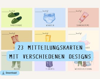 Peut inclure: Un ensemble de 23 cartes illustrées avec différents motifs. Les cartes présentent des illustrations à l'aquarelle d'articles pour bébés tels que des chaussons, des couches, de la crème solaire, des chaussettes, des bottes, des mouchoirs, des pantalons, des t-shirts et des vêtements. Le texte indique "23 Mitteilungskarten mit verschiedenen Designs".