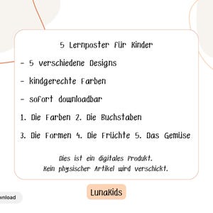 May include: A digital product image with text in German. The text reads "5 Lernposter f&uuml;r Kinder" (5 learning posters for children), listing various designs, child-friendly colors, and instant download. Topics include colors, letters, shapes, fruits, and vegetables.
