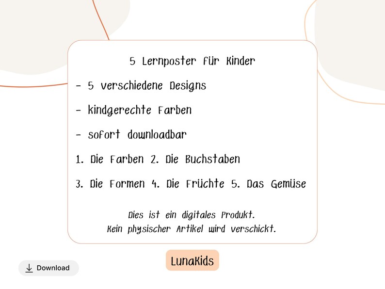 May include: A digital product image with text in German. The text reads "5 Lernposter f&uuml;r Kinder" (5 learning posters for children), listing various designs, child-friendly colors, and instant download. Topics include colors, letters, shapes, fruits, and vegetables.