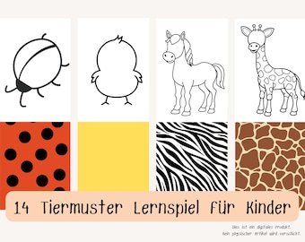 Könnte beinhalten: Karten mit Tierillustrationen und Mustern. Die obere Reihe zeigt einen Marienkäfer, ein Küken, ein Pferd und eine Giraffe. Die untere Reihe zeigt ein Marienkäfermuster, Gelb, Zebrastreifen und Giraffenmuster. Text: "14 Tiermuster Lernspiel für Kinder."