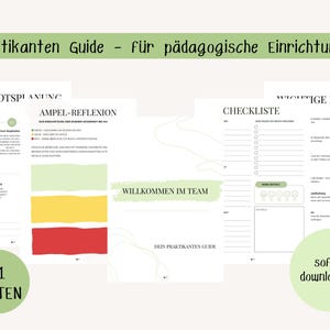 Könnte beinhalten: Ein Leitfaden für pädagogische Einrichtungen mit Seiten mit Checklisten, Planungsabschnitten und Reflexionsaufforderungen. Der Leitfaden enthält den Text "Willkommen im Team" und "21 Seiten". Das Design ist in Grün- und Weißtönen gehalten.