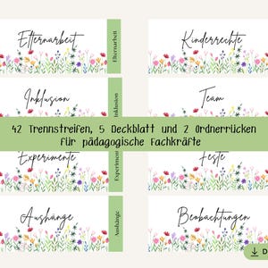 Puede incluir: Un conjunto de tarjetas blancas con bordes florales y texto en alemán, incluyendo "Elternarbeit" y "Kinderrechte". Una pancarta verde dice "42 Trennstreifen, 5 Deckblatt und 2 Ordnerrücken für pädagogische Fachkräfte". Tarjetas para uso educativo.