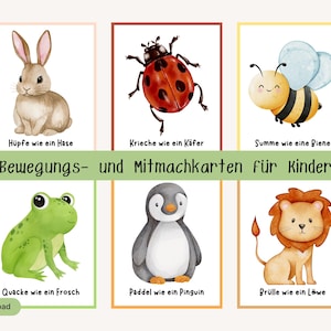 Op de afbeelding: Set van zes geïllustreerde kaarten met aquarel dieren: een konijn, lieveheersbeestje, bij, kikker, pinguïn en leeuw. Elke kaart heeft een Duitse zin. De kaarten zijn ontworpen voor kinderactiviteiten.