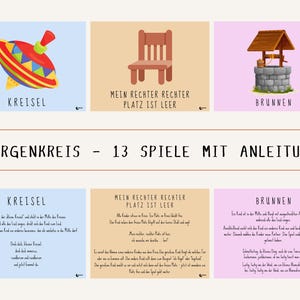 Op de afbeelding: Een verzameling geïllustreerde spelkaarten met Duitse tekst. De kaarten tonen kleurrijke afbeeldingen van een tol, een stoel en een put, met de titel "MORGENKREIS - 13 SPIELE MIT ANLEITUNG".