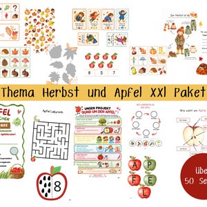 Könnte beinhalten: Eine Sammlung von Arbeitsblättern mit dem Titel Thema Herbst und Apfel XXL Paket, die herbstliche Aktivitäten, Apfel-Anatomie-Diagramme, Labyrinthe, Zählübungen und eine Urkunde enthalten, verziert mit bunten Illustrationen von Blättern, Kürbissen und Äpfeln.