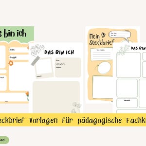 Könnte beinhalten: Sechs druckbare Arbeitsblätter auf Deutsch mit den Texten "Das bin ich" und "Mein Steckbrief". Die Designs verwenden Gelb, Grün und Weiß mit floralen und dekorativen Elementen. Der Text "6 Steckbrief Vorlagen für pädagogische Fachkräfte" ist ebenfalls vorhanden.