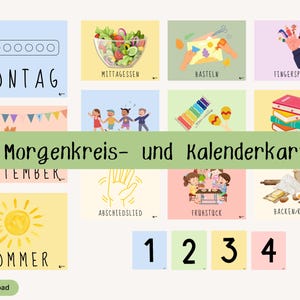 Puede incluir: Un conjunto de tarjetas ilustradas con texto en alemán, incluyendo palabras como "Montag" y "Mittagessen". Las tarjetas presentan imágenes de comida, niños y actividades. También está presente el texto "72 Morgenkreis- und Kalenderkarten".