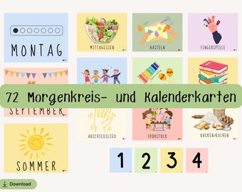 May include: A set of illustrated cards with German text, including words like "Montag" and "Mittagessen." The cards feature images of food, children, and activities. The text "72 Morgenkreis- und Kalenderkarten" is also present.