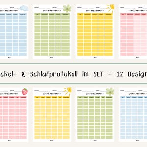Könnte beinhalten: Ein Set von 12 Designs für Baby-Schlaf- und Windelprotokolle. Jedes Design hat ein Raster zum Verfolgen, mit einer Kopfzeile und dekorativen Elementen wie Wolke, Blume, Sonne und Erdbeere. Der Text "Wickel- & Schlafprotokoll im SET - 12 Designs" wird angezeigt.
