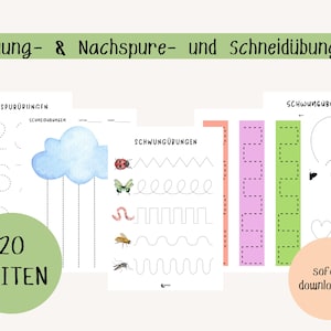 May include: Educational printable worksheets for tracing and cutting practice. The pages feature numbers, a cloud, and various line patterns with insect illustrations. The text includes "Schwung- & Nachspure- und Schneidübungen" and "20 SEITEN".