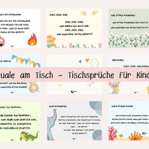Può includere: Una raccolta di biglietti illustrati con testo in tedesco, con rituali e detti da tavola per bambini. I biglietti presentano illustrazioni colorate di un'autopompa, fiori, un orso, un topo e altre immagini giocose. Il testo è in stile manoscritto.