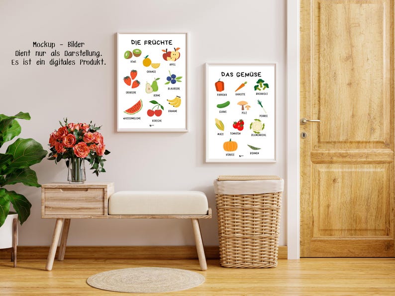 May include: Two framed prints on a wall, one labeled "DIE FR&Uuml;CHTE" with illustrations of fruits like apples, strawberries, and bananas. The other print, "DAS GEM&Uuml;SE," displays vegetables such as carrots, tomatoes, and broccoli. A bench, basket, and flowers are in the foreground.