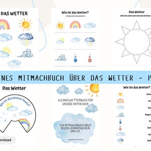 Puede incluir: Un PDF educativo para niños sobre el clima, con ilustraciones en acuarela de un arcoíris, sol, nubes y lluvia. El texto incluye "DAS WETTER" y "KLEINES MITMACHBUCH ÜBER DAS WETTER - PDF".