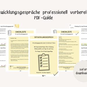 Peut inclure: Un guide PDF intitulé "Entwicklungsgespräche professionell vorbereiten" (Préparer professionnellement les entretiens de développement). Le guide comprend des listes de contrôle et des conseils pour l'éducation de la petite enfance.