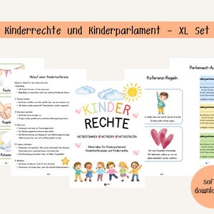 以下が含まれることがあります： Kinderrechte und Kinderparlament - XL Setというタイトルのデジタル教育セット。子供、ハート、太陽のイラストが描かれた印刷可能なページが含まれています。文書には、子供の権利、会議のルール、議会IDカードに関するテキストが記載されています。