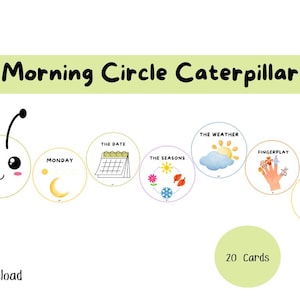 以下が含まれることがあります： Morning Circle Caterpillarの教育用セット。漫画の毛虫の頭と、Monday、The Date、The Seasons、The Weather、Fingerplay、Closingと書かれた円形のカードが含まれています。20枚のカードセットで、ダウンロード可能です。