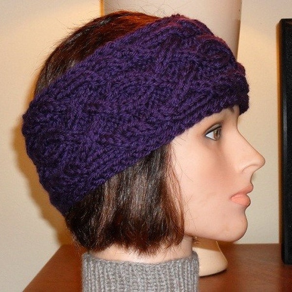 Djfleesh Hand Knit Head Warmer/Head Band Deep Purple - Free Shipping - Hand Knit Cables