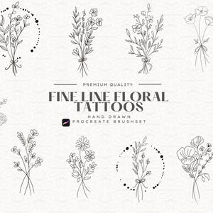 Fine Line Flower Stamps Bundle – Procreate Botanical Brushes – Minimal Tattoo & Bouquet Style