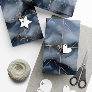 Elegant Winter Gift Wrap Papers, Holiday Wrapping Paper, Christmas Gift Wrap, Eco-Friendly Gift Wrap, Blue and Gold Decor, Unique, Gold