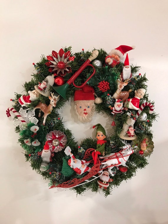 Retro Vintage Recycled Decorated Christmas Wreath Kitsch Old Etsy