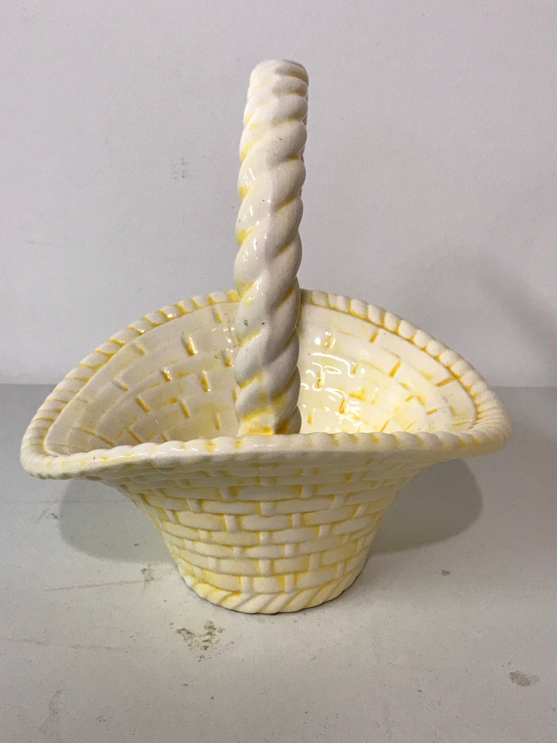 Vintage ceramic flower Easter Basket 10\u201d tall handmade yellow